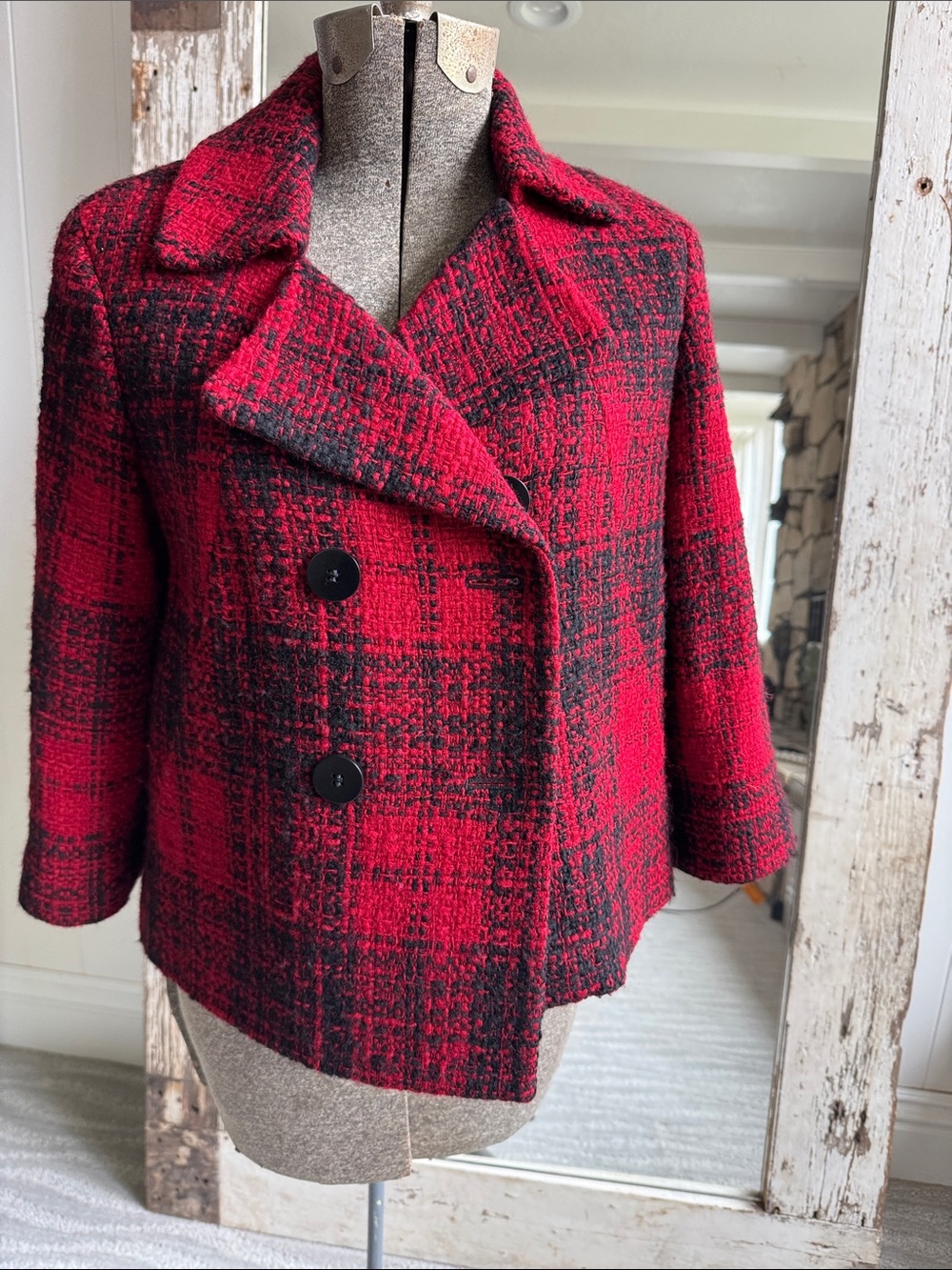 Talbots Red and Black Plaid Wool Peacoat